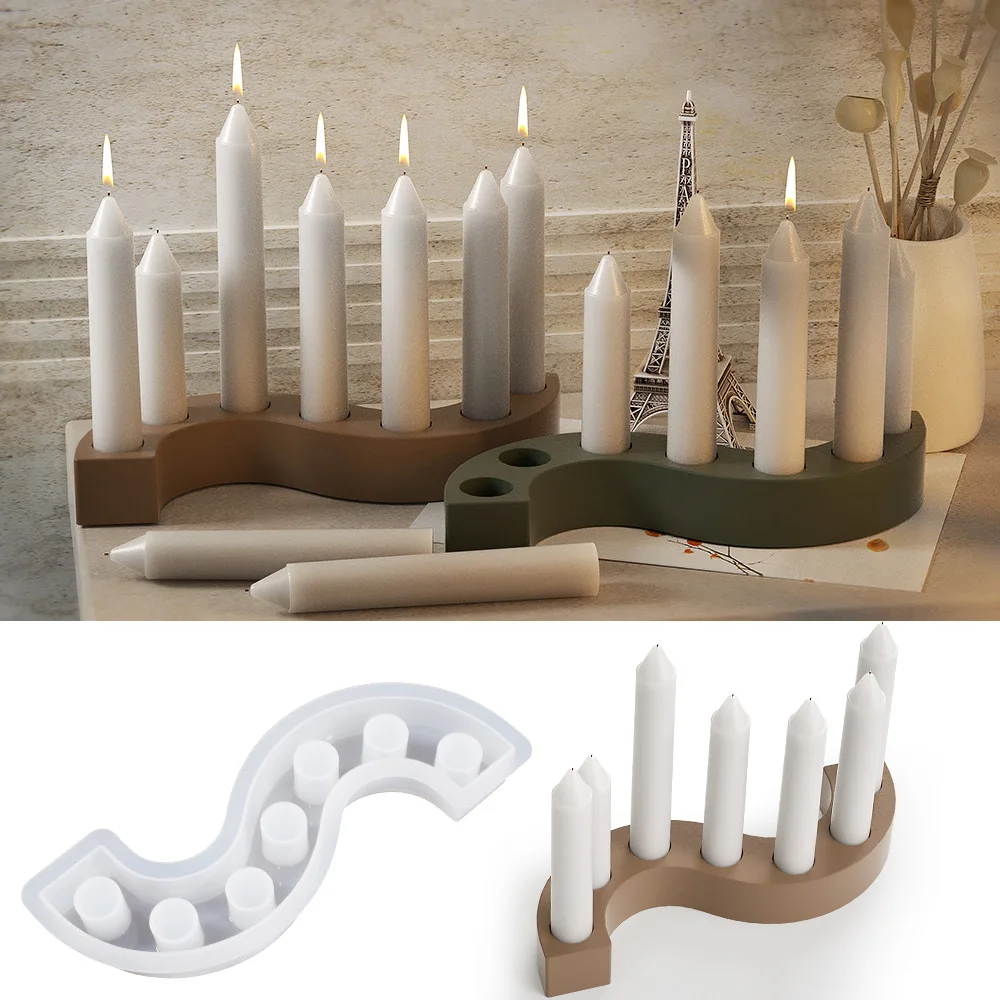 DIY crystal glue resin plaster decoration S-shaped 7-hole long column candle stand candle holder silicone mold