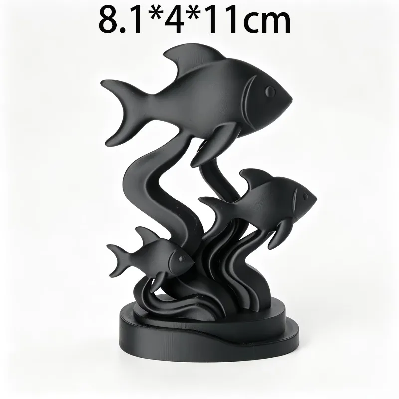 3D Printed Fish Family Sculpture Ornament Modern Minimalist Black Desktop Tabletop Statue for Home Office Living Room Decor
