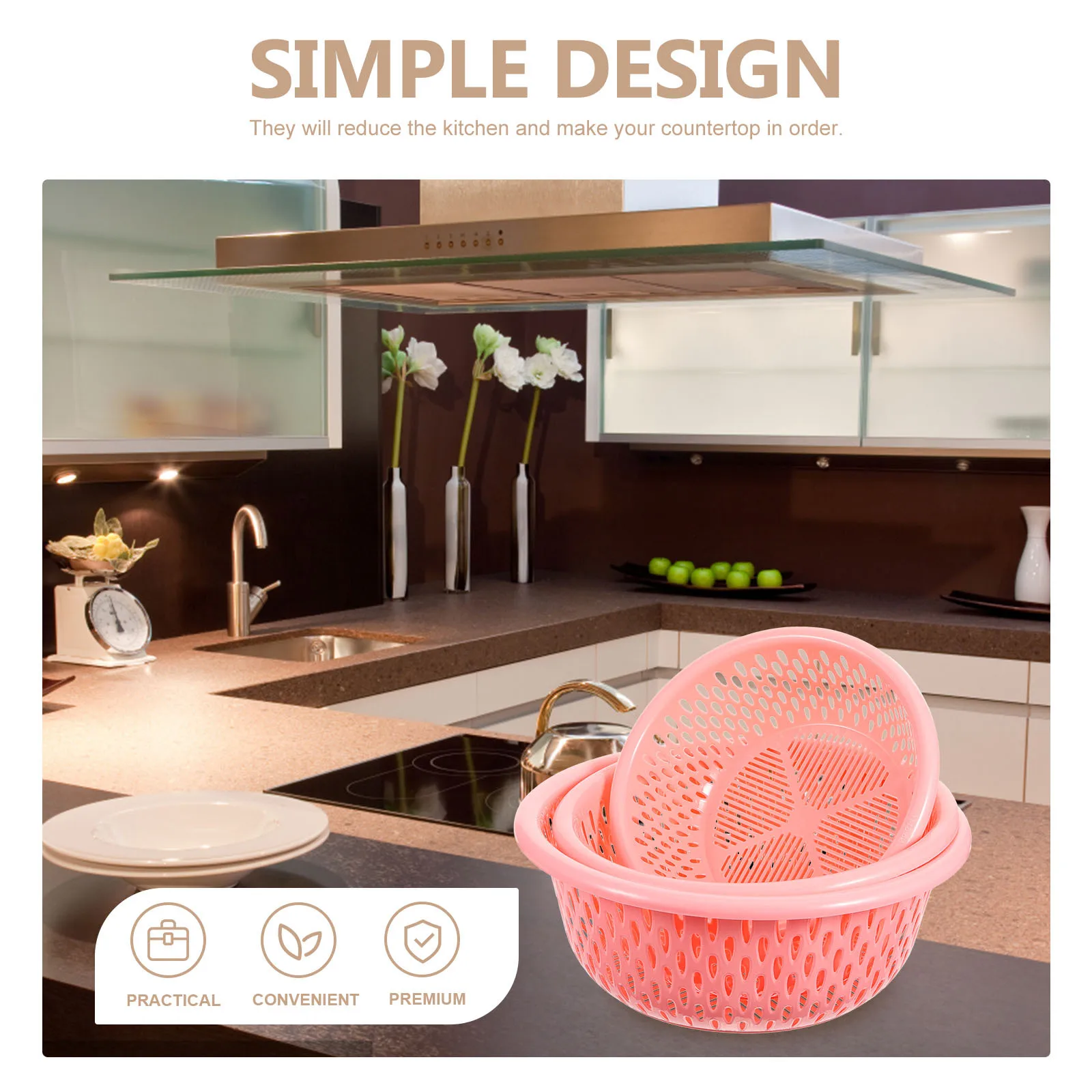

Vegetable Colander 3 Piece Set Fruit Drain Basket Kitchen Strainer for Washing Rice and Dishes Filter