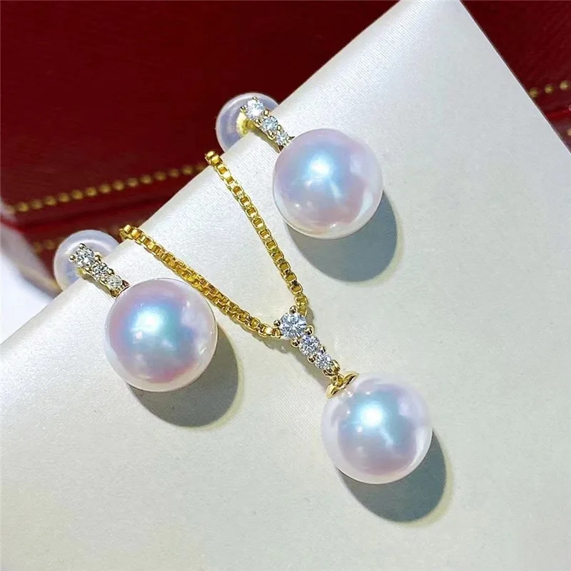 AAAA 5-6MM 6-7MM 7-8MM 8-9MM 9-10mm Japanese Round akoya white  Pearl 925sgold-plated classic pendant earring set