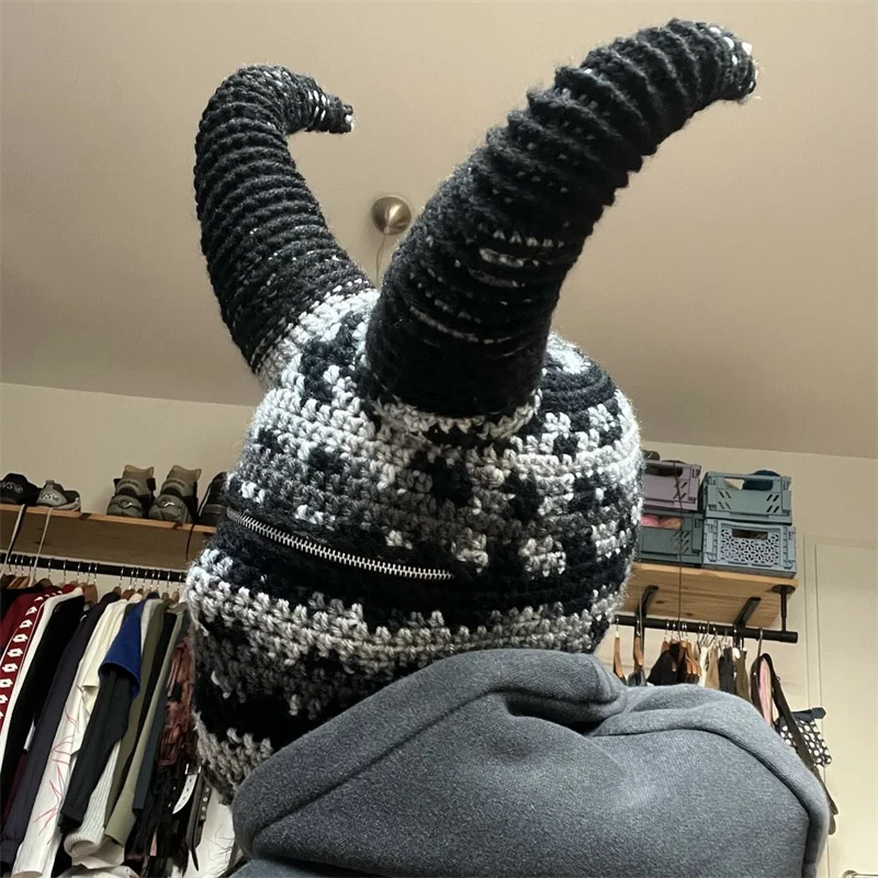 Cross-border sales Handmade crocheted Zipper black horn hat Halloween Funny Hat Single Hole horn Mask For Cosplay Costume hat