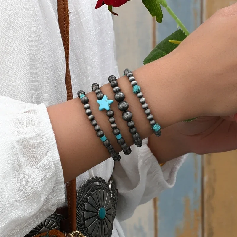 4Pcs Western Style Cowboy Turquoise Star Stone Decor Faux Navajo Pearl Bracelets Set Suitable for Women's Daily Wear