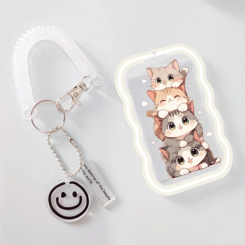 Four Cute Cat Patterns Wave Transparent Card Holder Suitable for Bus Card Protection Cover, Meal Card Cover, Student ID Cover