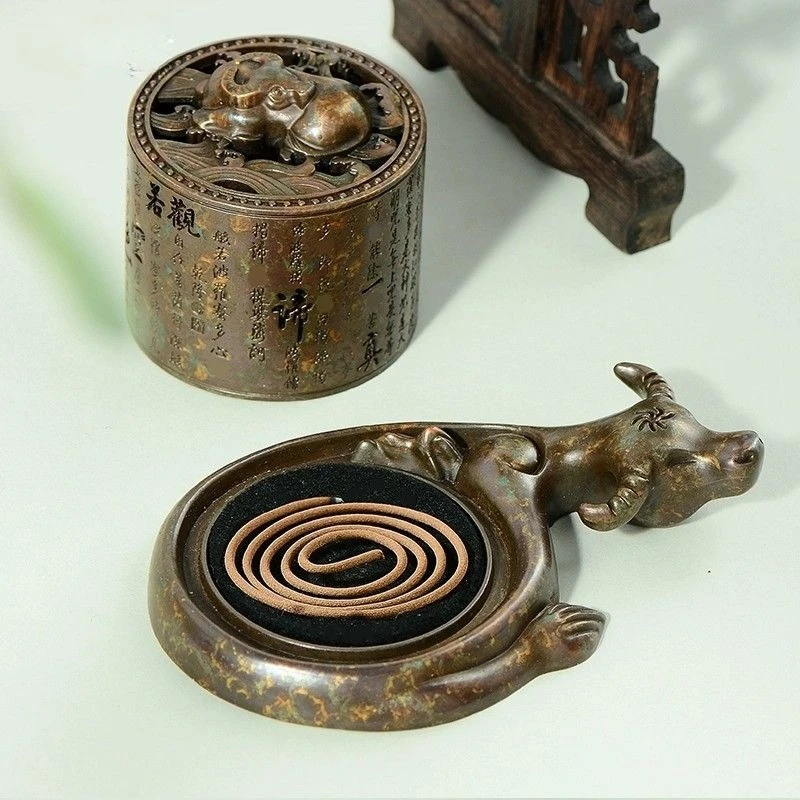 Vintage Bull Incense Burner Turn Fortune Ox Backflow Incense Censer with Heart Sutra Carving, Chinese Zen Desktop Aroma Ornament
