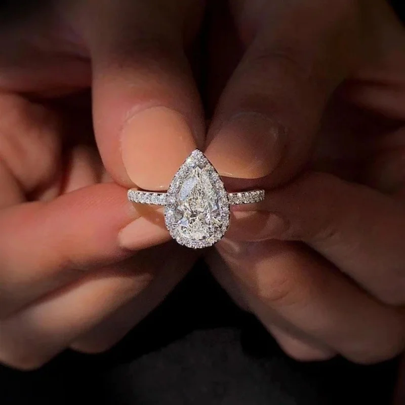 Women Water Drop Zircon Ring Silver Plated Stainless Steel Wedding Band Trendy Jewelry Ornament Wholesale Sizes 6-11