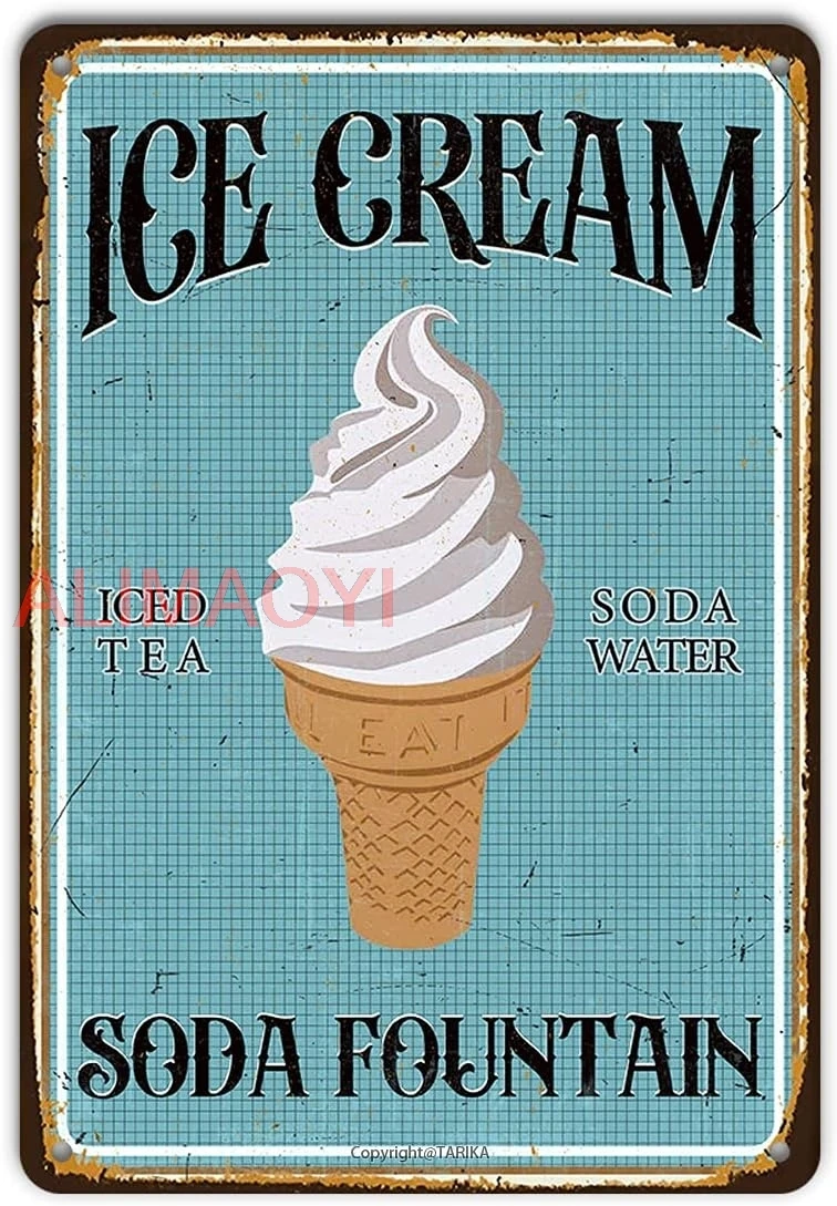 Ice Cream Tin Sign Funny Vintage Decor,Ice Cream Soda Fountain Iced Tea Soda Water Retro Metal Art Painting Poster Plaque f good