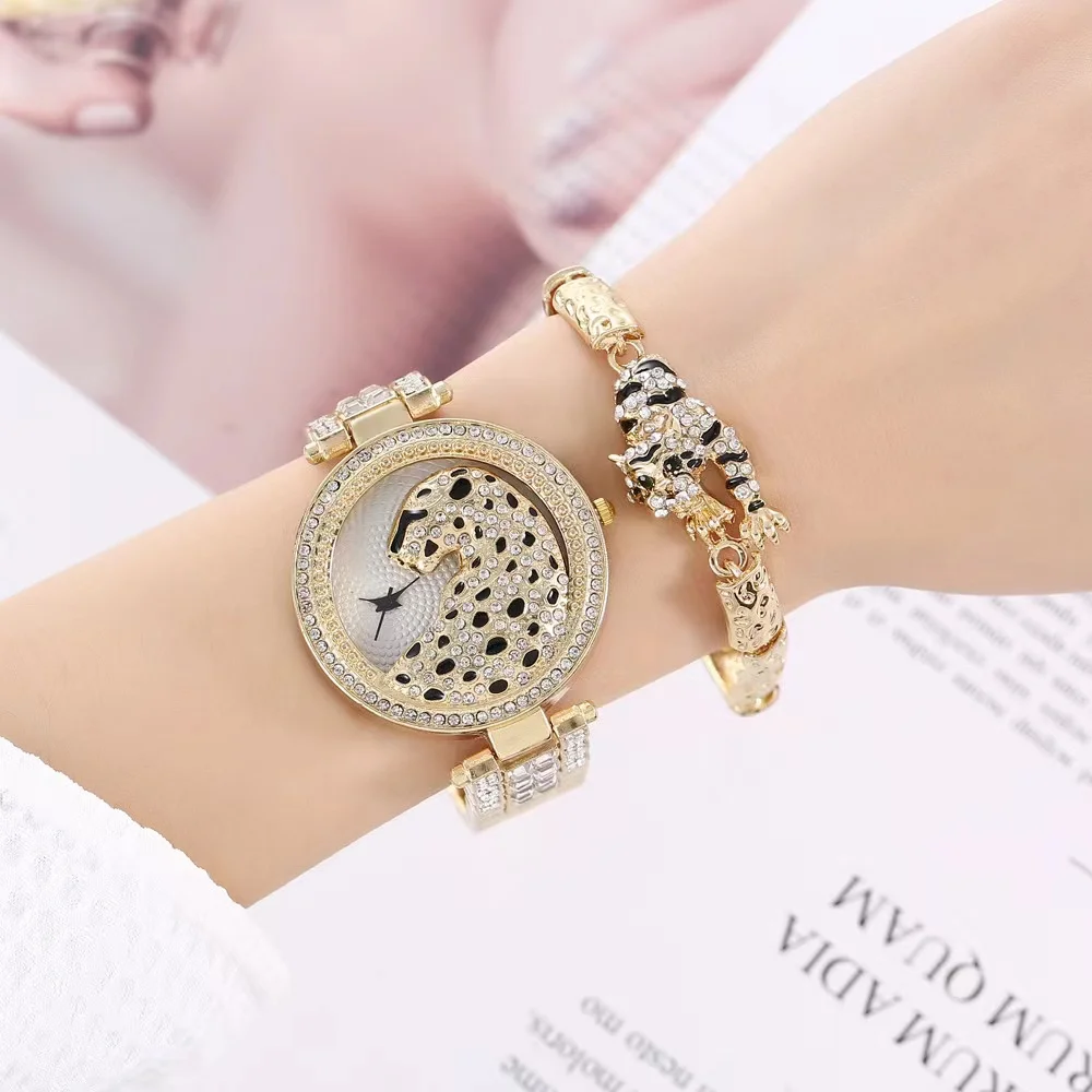 Vrouwen Gouden Horloge Luxe Mode Bling Dames Horloge Casual Vrouwelijke Quartz Horloge Exquisite Animal Crystal Sieraden Set Voor Vrouwen