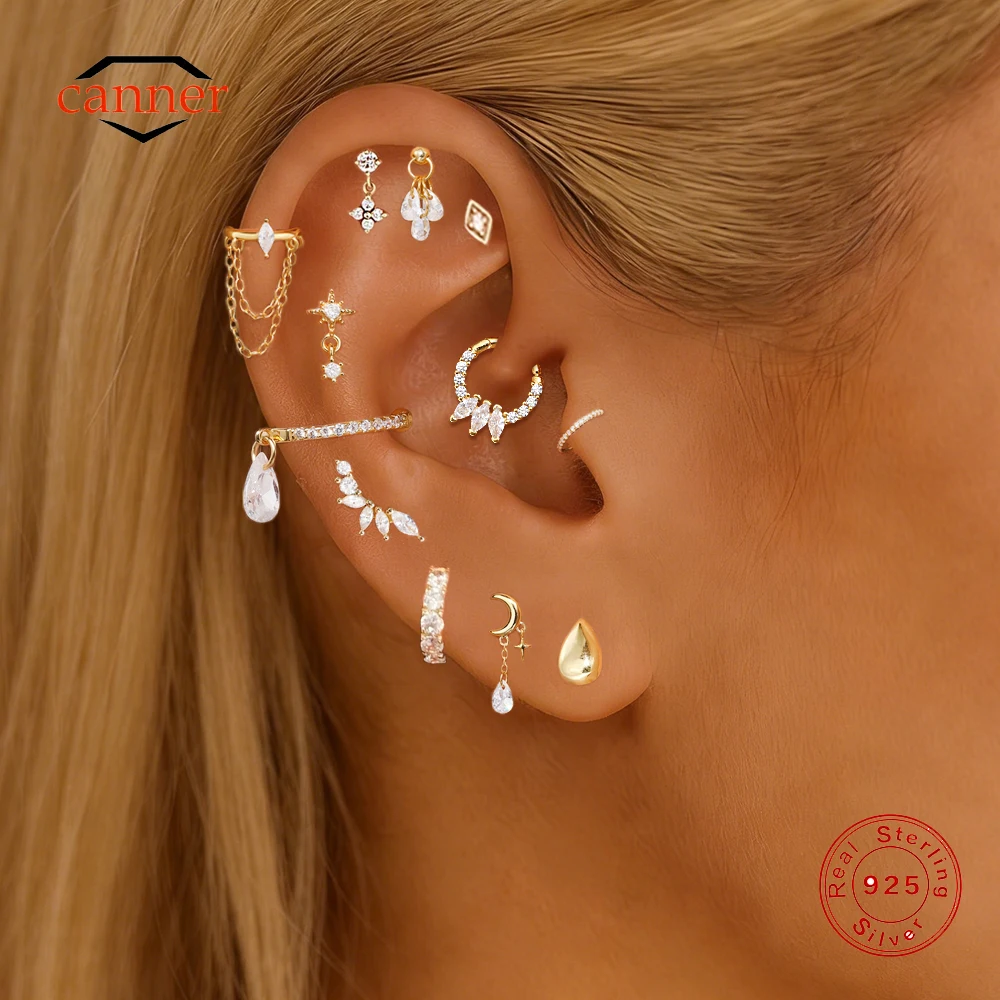 

CANNER 925 Sterling Silver Horse Eye Star Moon CZ Piercing Earring For Women Ins Geometric Tassel Earring Fine Jewelry Gift