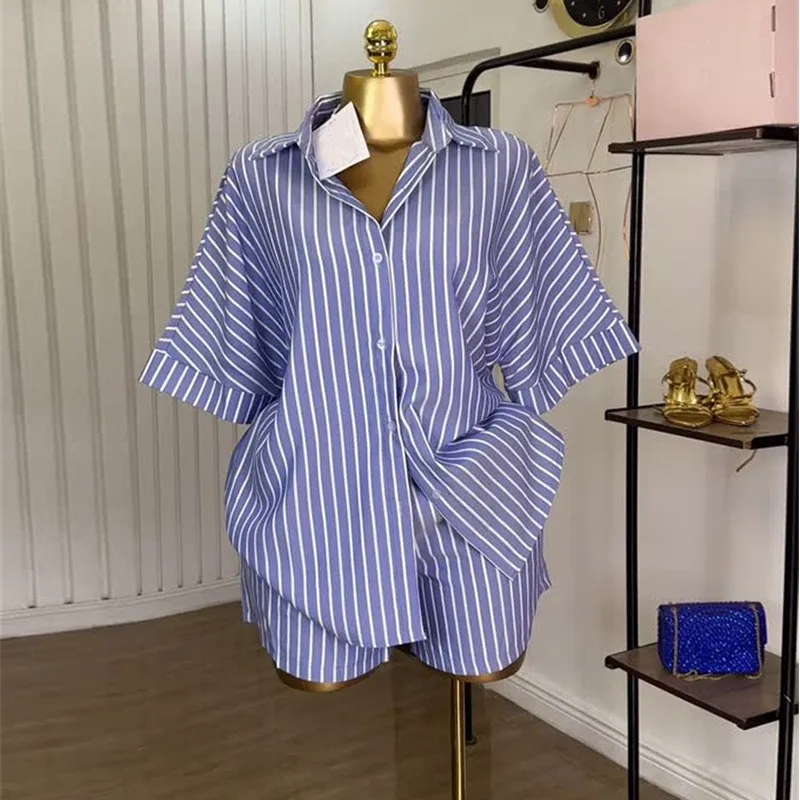 

Summer Women's Suit Shorts Striped Shirt Button Front Short Pants High Waist Wide Leg Bermuda Shorts Two Piece Set Blue And