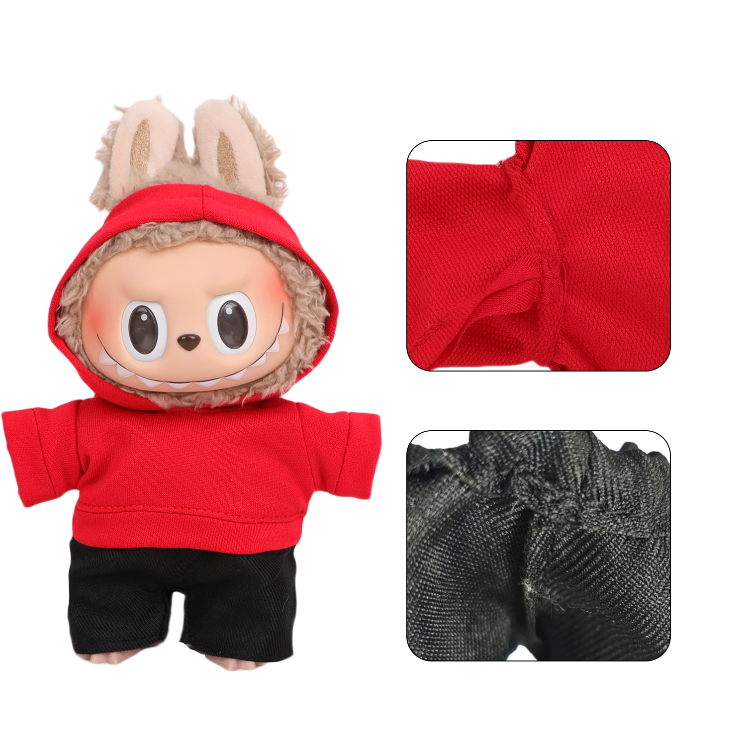 17cm Labubu Doll Clothes Suit Red Hoodie+Black Shorts Outfit For V1 V2 Labubu Girl Dolls Toy Cotton Dolls Accessories
