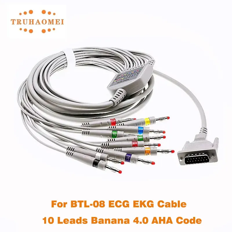 One Piece ECG EKG Cable for BTL-08 MT Plus ECG Machine 10 Lead Wires DB15 Pin Plug Banana 4.0 AHA or IEC Resistors 4.7 Kohm