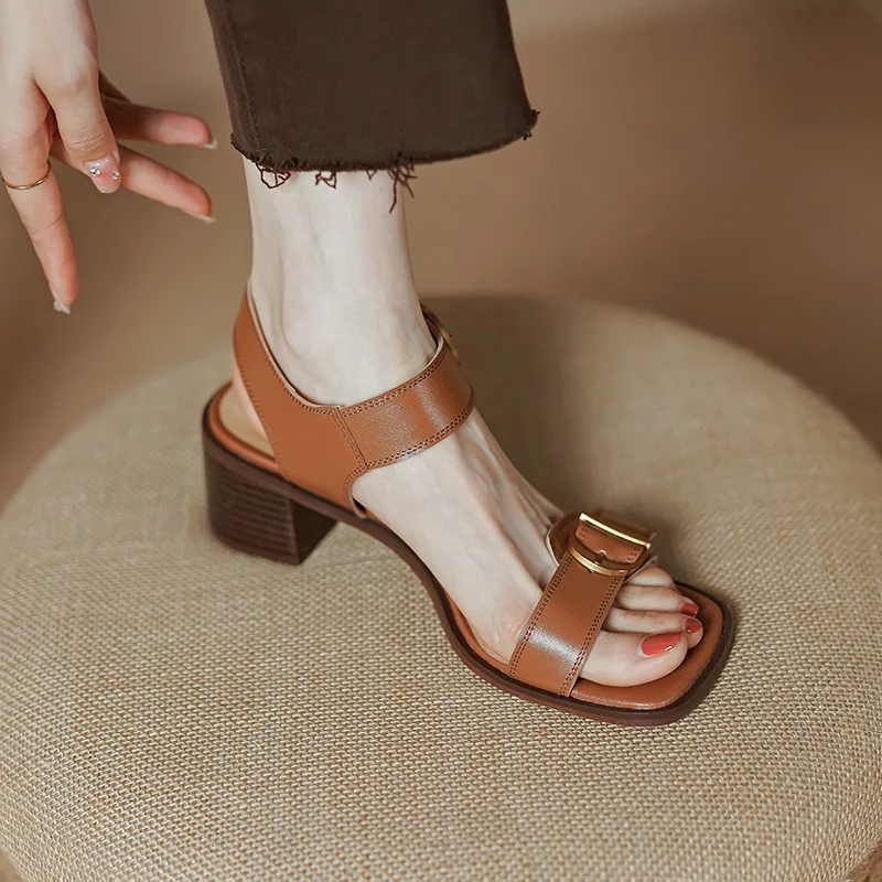 2022 New Summer Women Shoes Square Toe Chunky Heel Women Sandals Cow Leather High Heels Solid Band Shoes Casual Shoes for Women