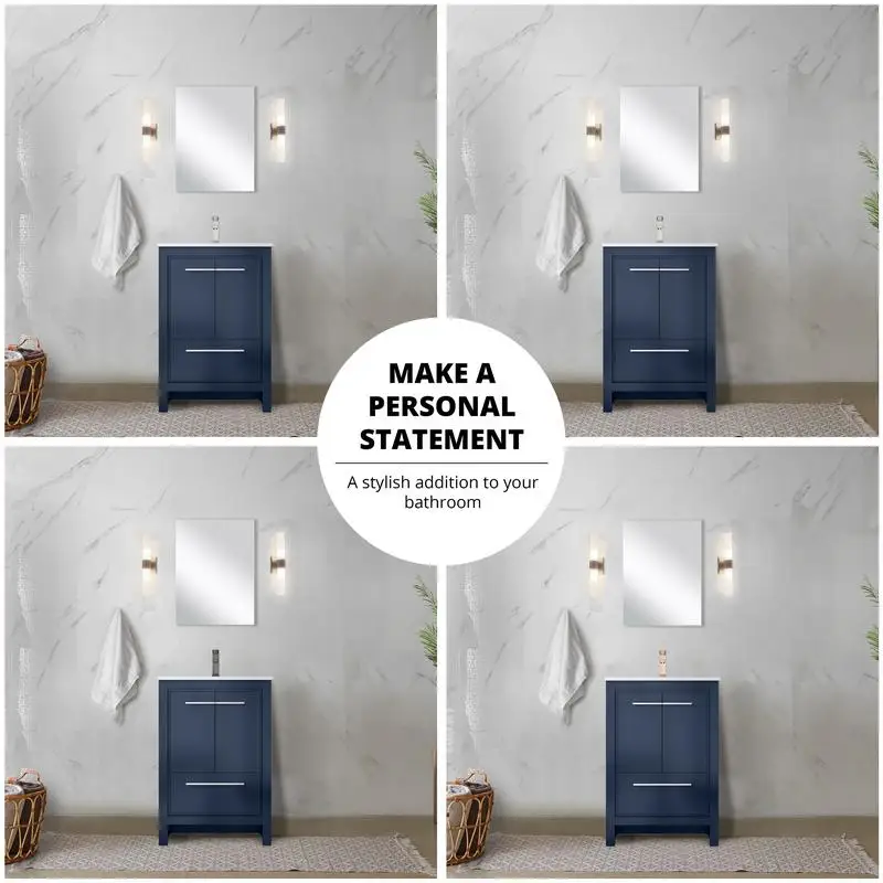 Navy Blue Bath Vanity 24"W x 20"D, Cultured Marble Top with Chrome Faucet Set for Bathroom Sink