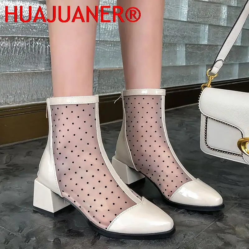 

Новые женские летние сапоги до колена 2026 года из лакированной кожи с сетчатыми вставками, на молнии, на низком каблуке, модные, с острым носком, осенние женские туфли