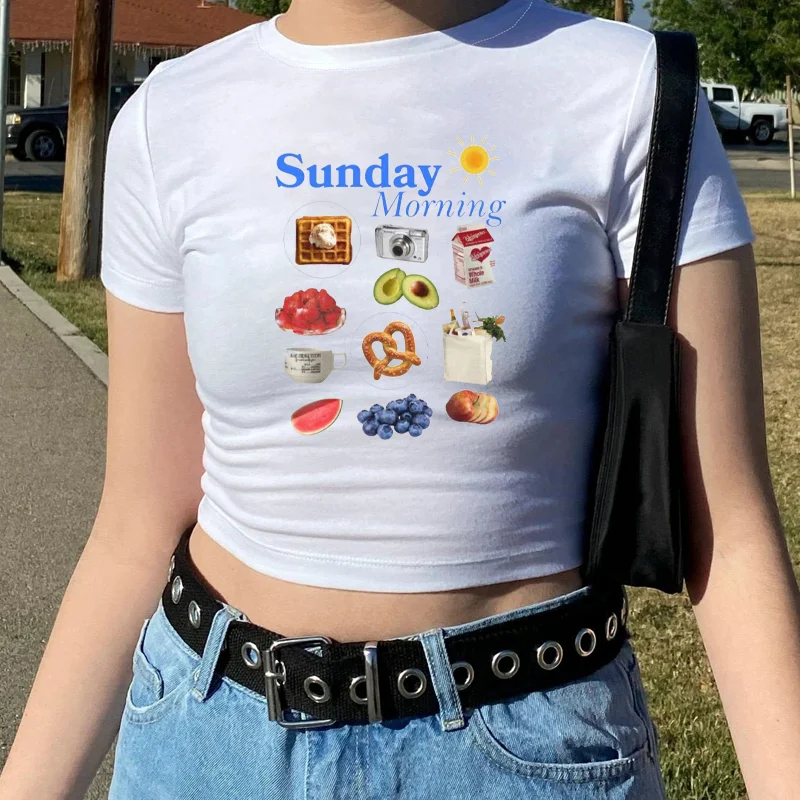 Sunday Morning Slogan Women Crop Tops Cute Cartoon Breakfast Dessert Print Women Shirt New Hot Dale Stylish Casual Girl Tee