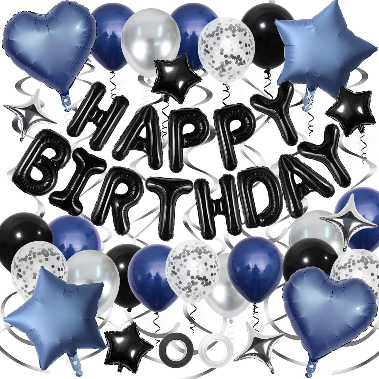 Décorations d'anniversaire bleu marine avec guirlande de ballons, ballons confettis étoiles et cœurs, spirales suspendues pour garçons, filles, hommes et femmes