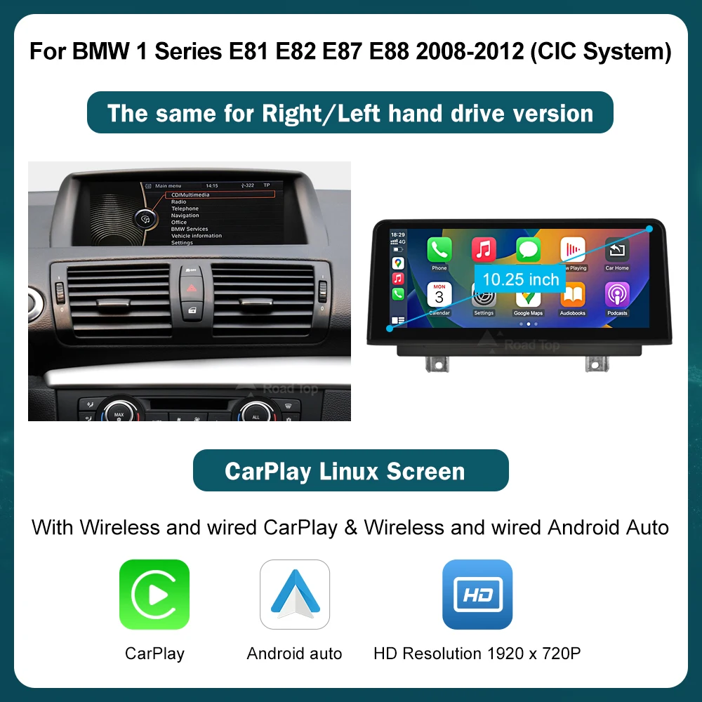 RoadTop 10.25 ''12.3'' Draadloze CarPlay Android Auto Voor BMW Serie 1 E81 E82 E87 E88 CCC CIC Systeem multimedia Scherm