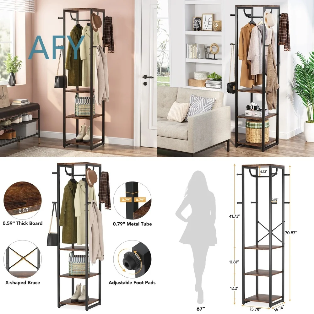 Multi-Functional Coat Rack Storage Rack with Hooks for Home Office Bedroom Living Room Wooden Laminate Open Organizer Stand