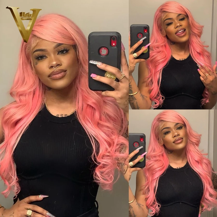 Peach Pink Color Body Wave Lace Front Wigs For Women Brazilian Human Hair Transparent Lace Frontal Wig Preplucked Hairline