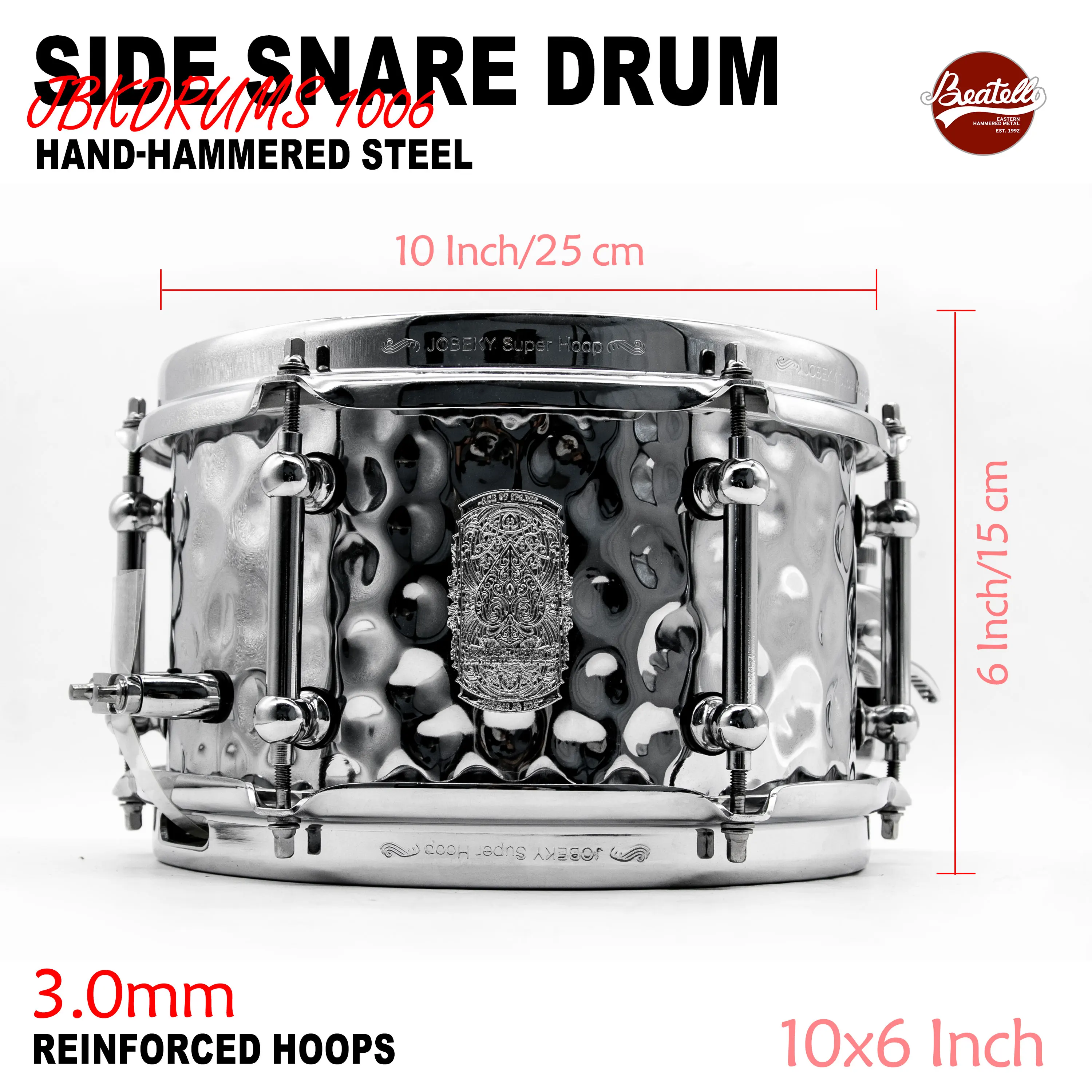 

Beatello Silvery High Quality Hand-Hammered 10x6 Inch Steel Snare | 3.0mm Reinforced Hoop | Stage Studio Pro Drum |