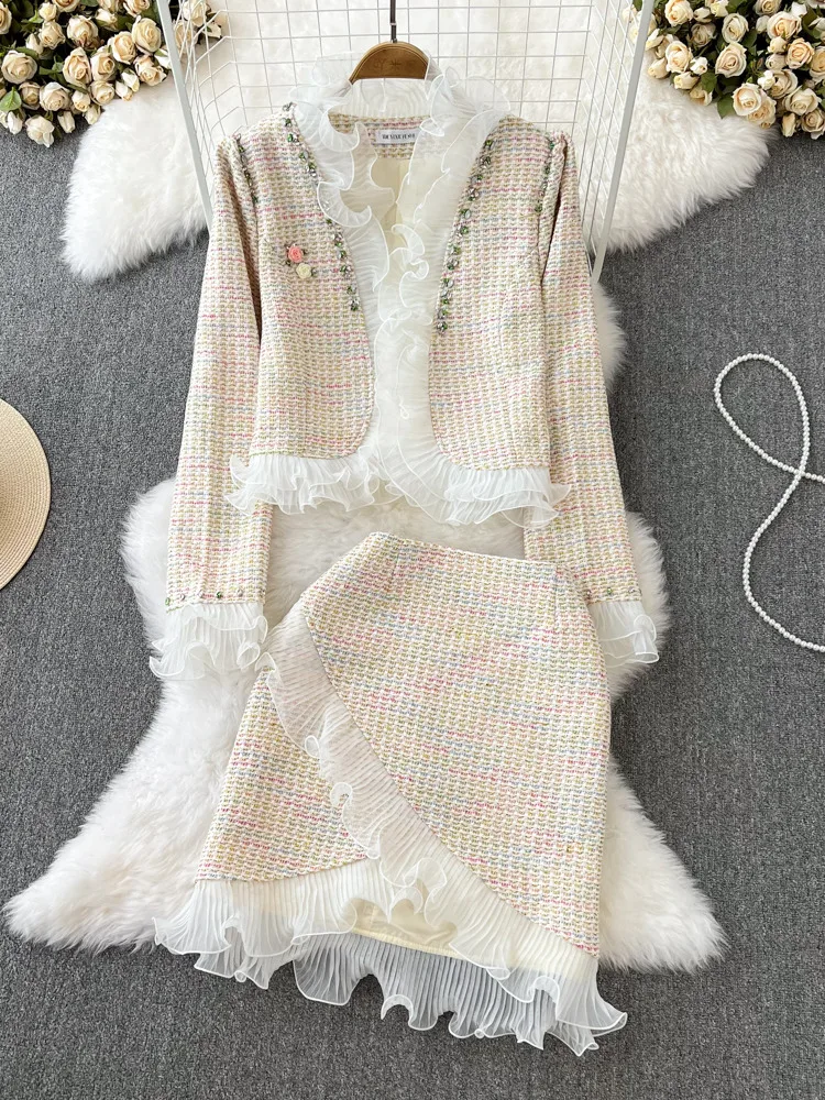 

Small Fragrance Flounced Edge Tweed Wool 2 Piece Set Women Petal Sleeve Diamonds Beading Short Jacket Coat + Ruffles Skirt Suit