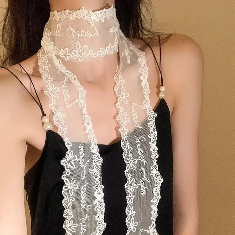 

Корейский кружевной шарф с цветочным принтом для женщин, узкий шарф на шею, кружевная бандана в стиле ретро, повязка на голову с длинной лентой для девочек, модный милый платок
