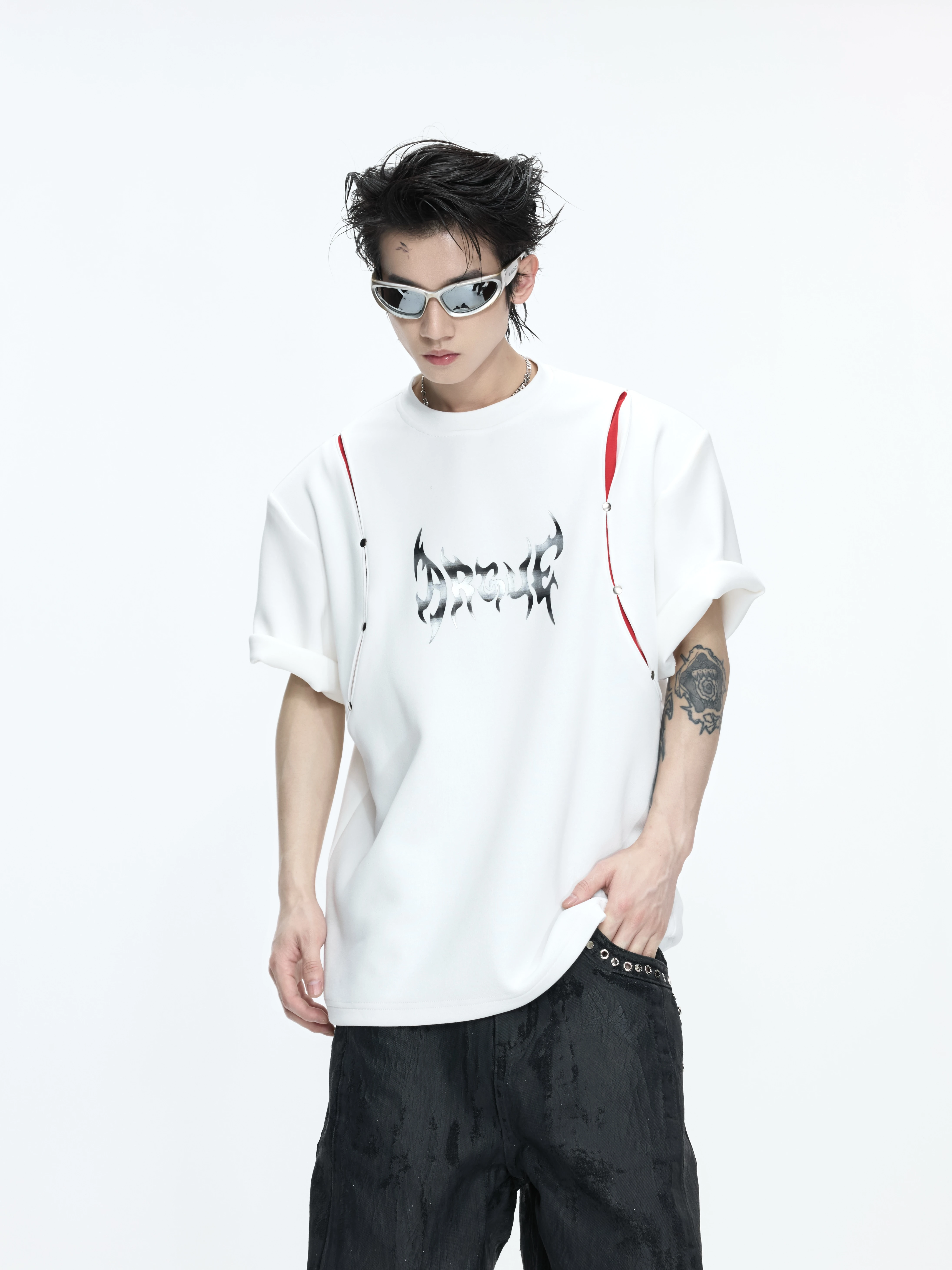 Argue Deconstructed Print T-Shirt Short Sleeve Color Block Rivet Heavy Duty Summer Casual Cotton Tee Unisex round Neck