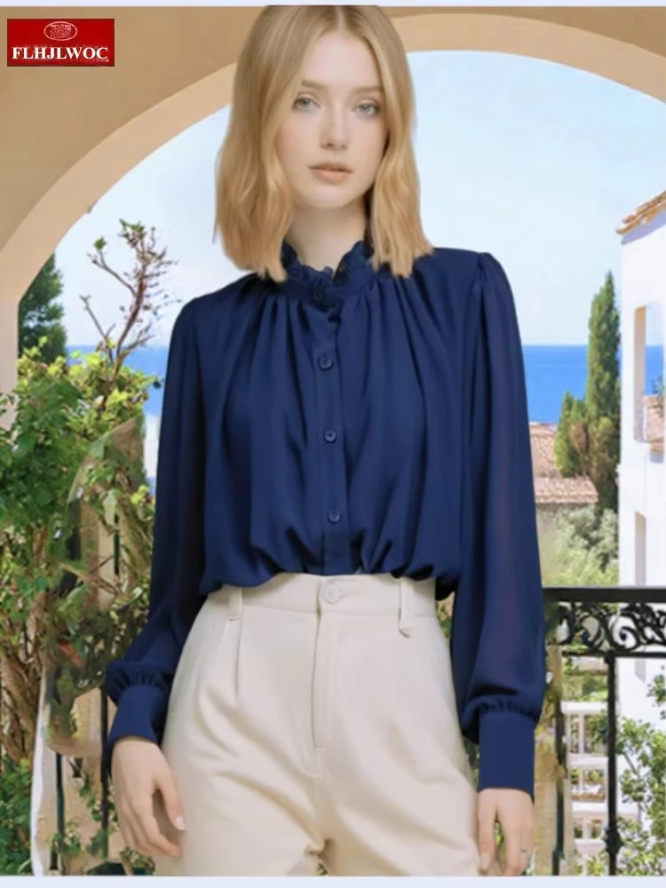 

French Design Tops Blouses New Design 2025 Women Long Sleeve Loose Casual Solid Ruffles Blouses Office Lady Basics Blue Shirts