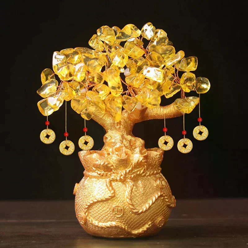 Lucky Tree Wealth Yellow Crystal Tree Natural Money Tree Ornaments Bonsai Style Wealth Luck Feng Shui Ornaments Craft Home Decor