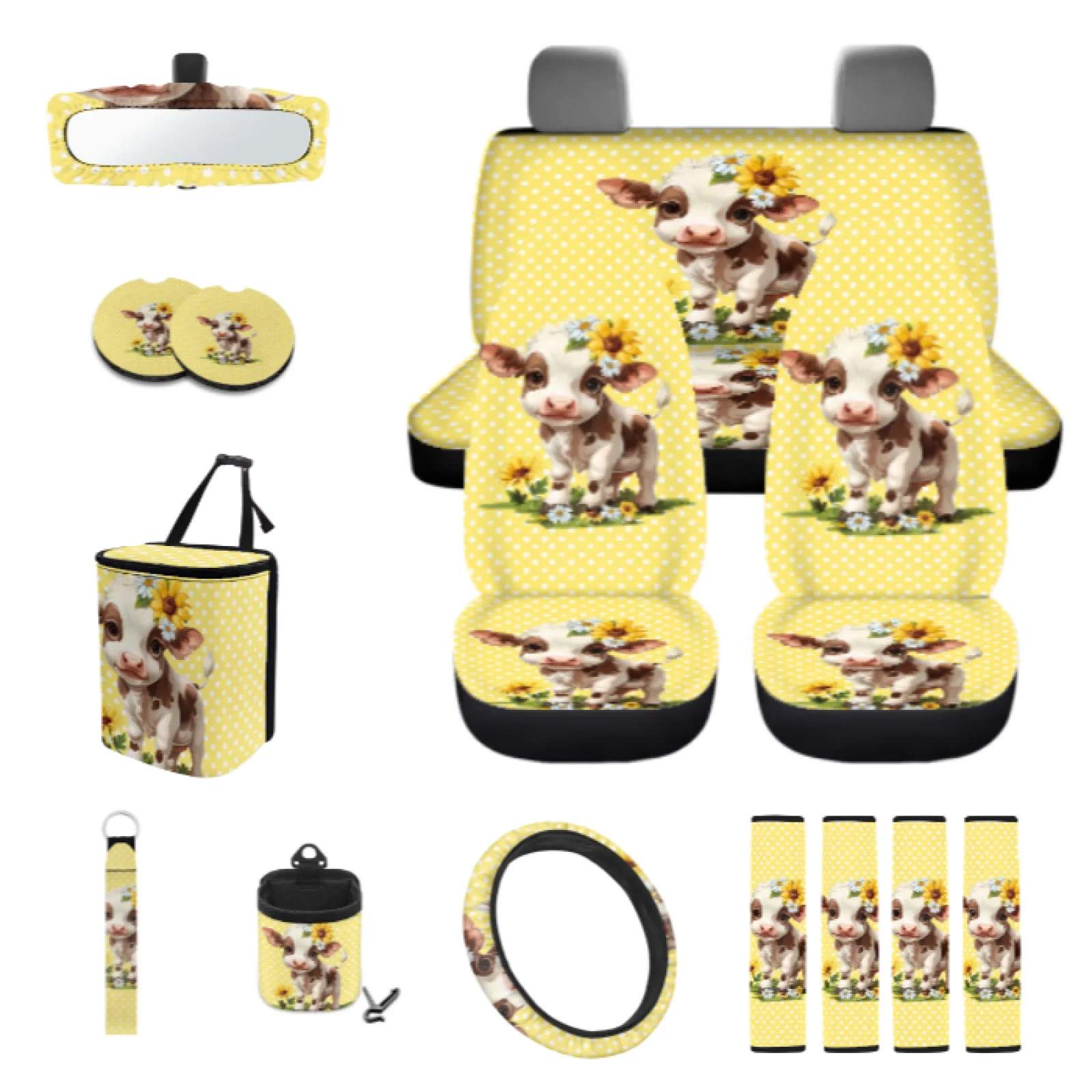 Coloranimal Flower Calf  15 PCS with Anti-Slip Steering Wheel Cover and Car Side Mirror Cover for Sedan