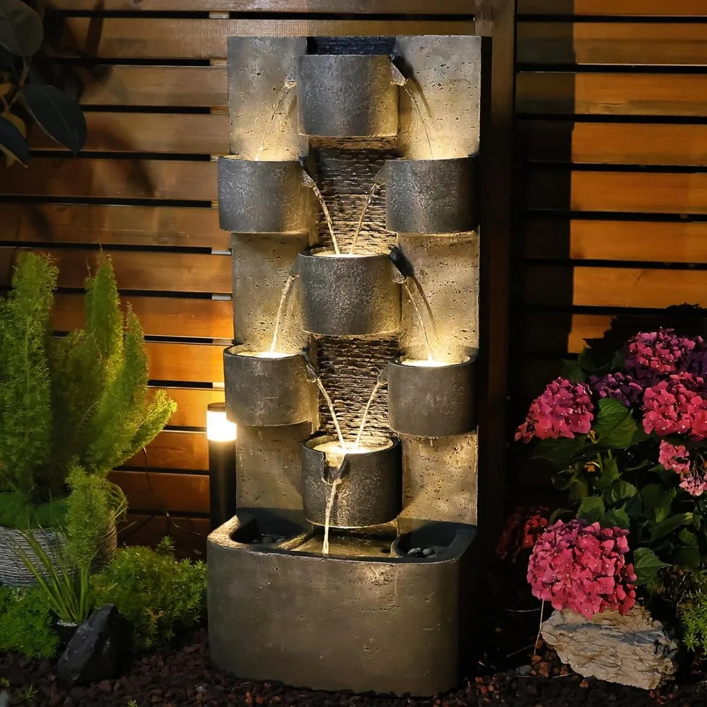 

Outdoor Water Fountain Garden - Large Cascading Waterfall Freestanding Fountains Water Feature with Lights for Patio Backyard