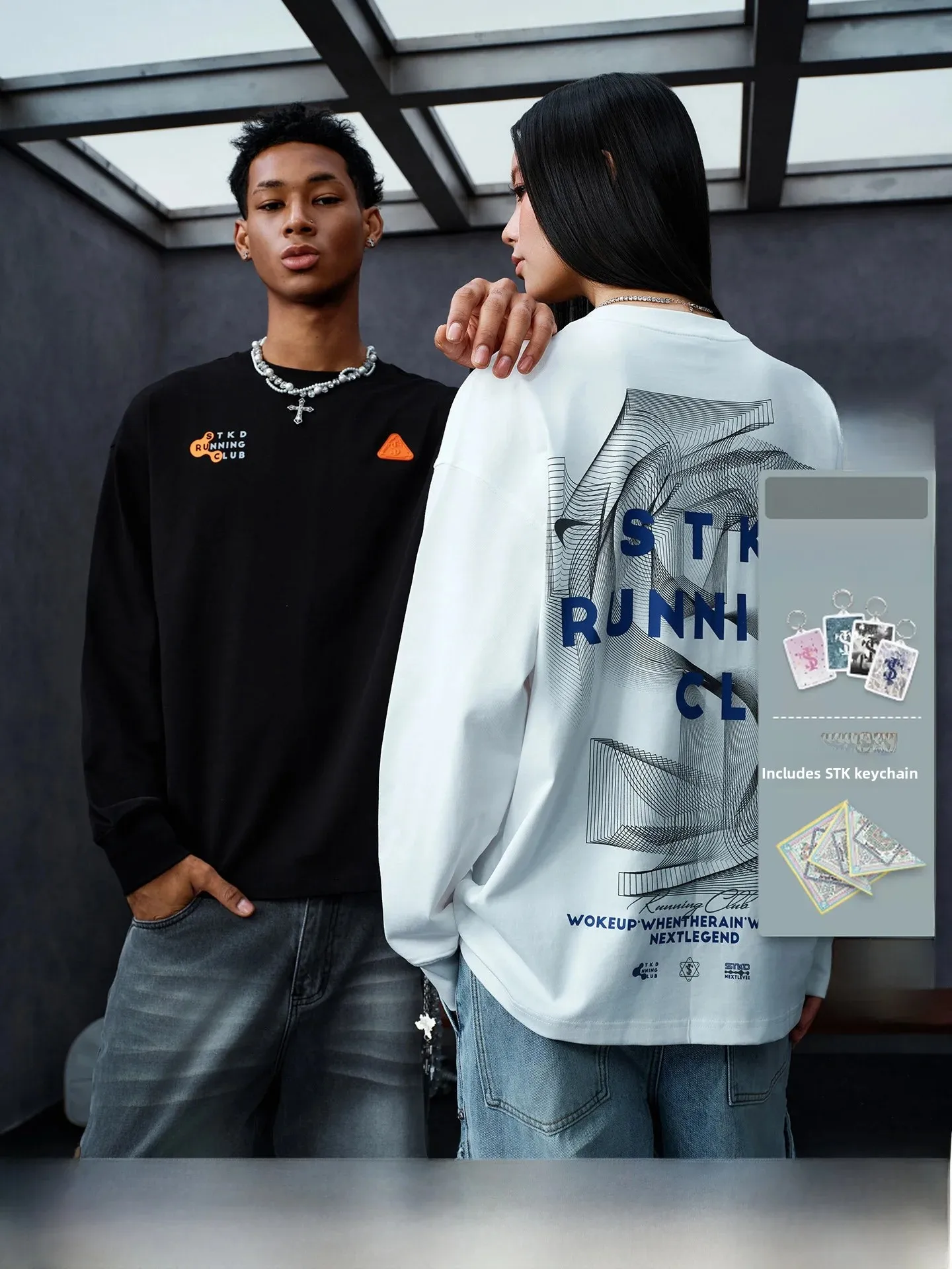 STK SmallTownKid Outdoor Sports Phantom Line Long Sleeve T-Shirt Street Casual Style Top Trendy Personality Cotton Sweatshirt