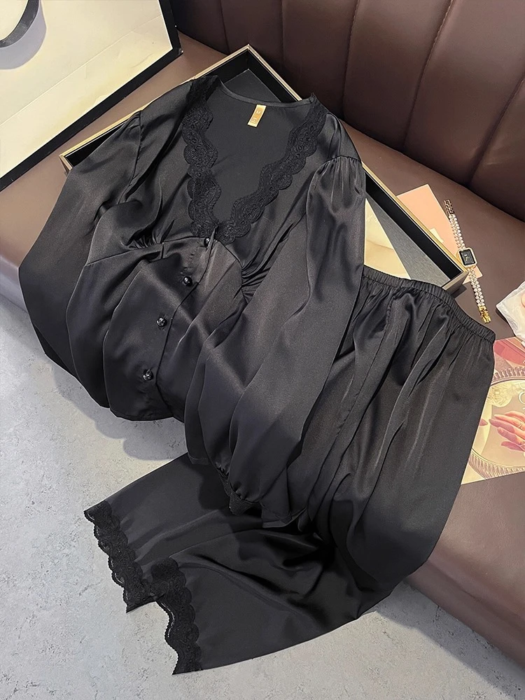 

New Lace 100% Mulberry Silk Thin Long Sleeve Pants Set Black Sexy Home Clothes
