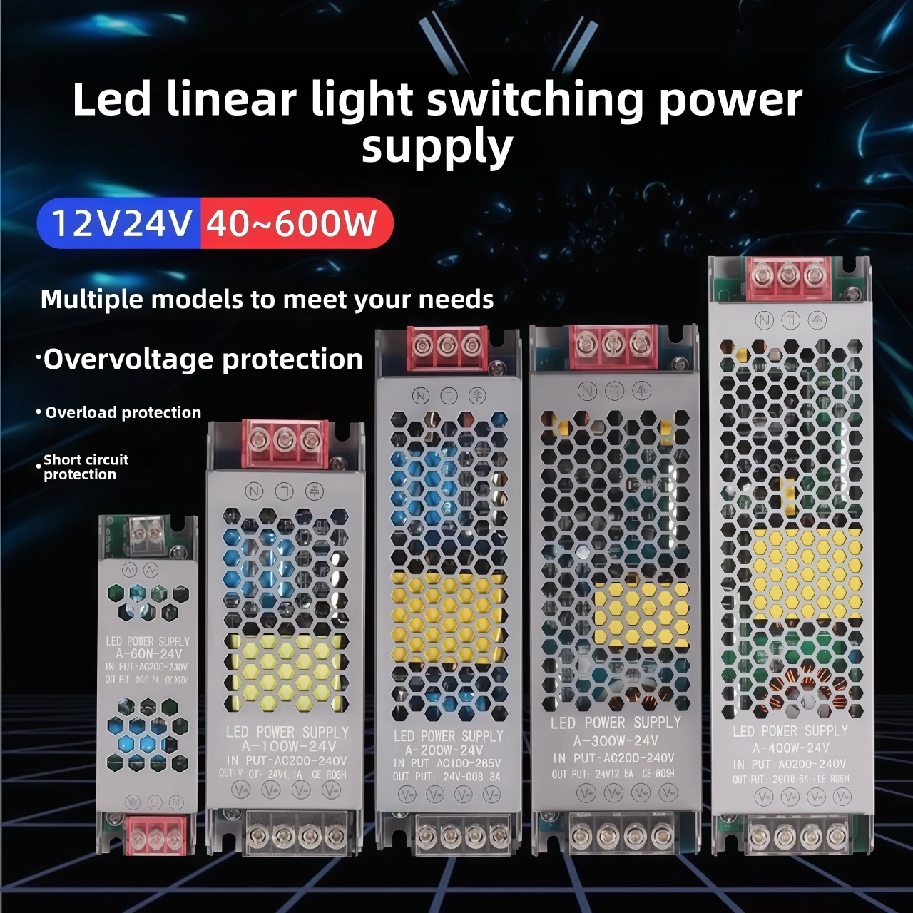 DC 12V 24V LED Power Supply AC190-240V Mute Lighting Transformers 60W 100W 200W 300W 400W LED Light Driver Power Adapter