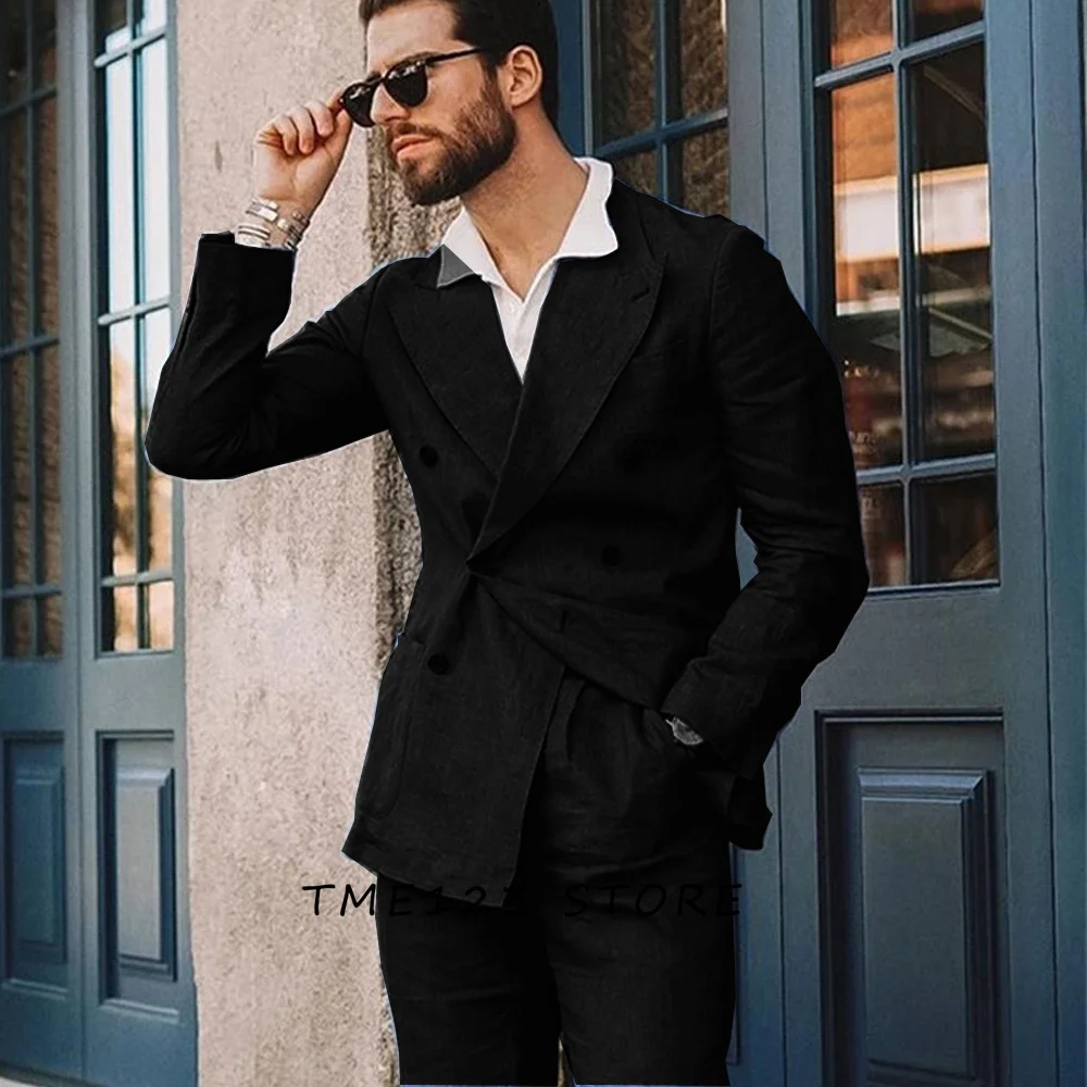 Men's Suit Business Casual Solid Boyfriend Suit for Wedding Trend Two Piece Mens Suits Men's Set 2 Pieces Summer Slub Cotton