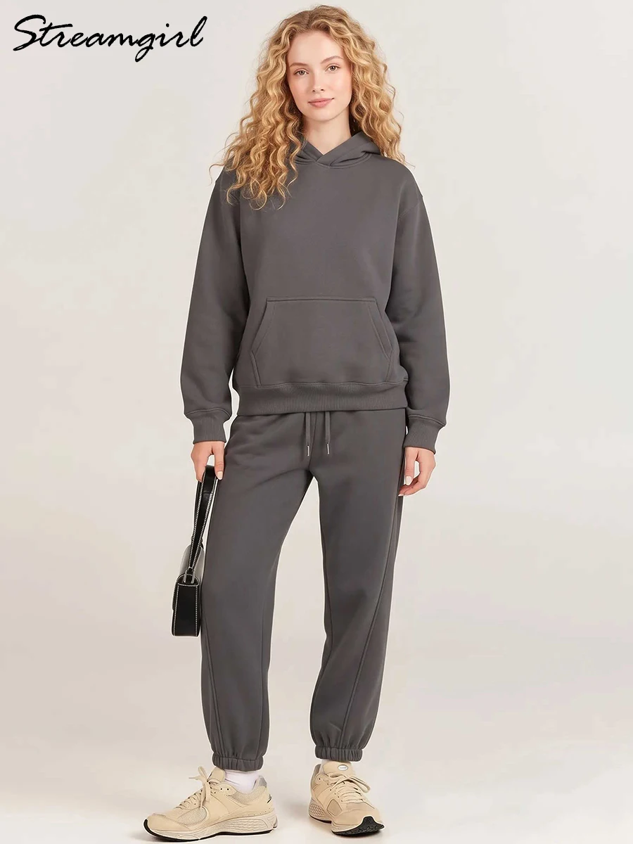 Streamgirl Winter Fleece Tracksuit Women Two Piece Set Hoodie And Pant Gray Thick Warm Sweatpants Set For Woman Velvet Sweatsuit
