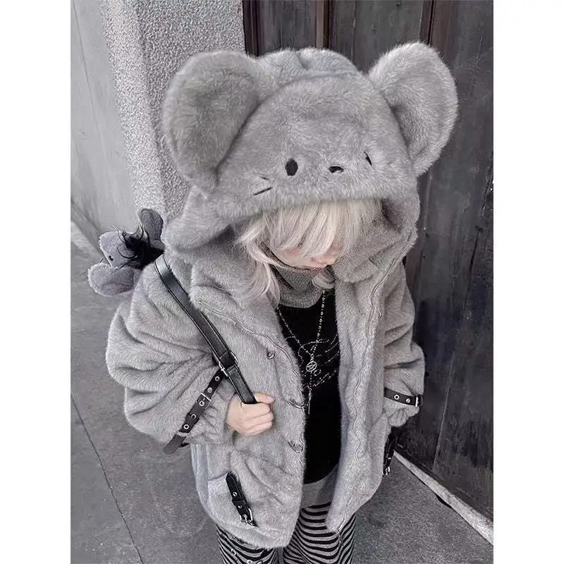 2026 Niche Design Cartoon Grey mouse Abby hooded jacket for women 2026 new Autumn and winter loose and warm top Commuting coat