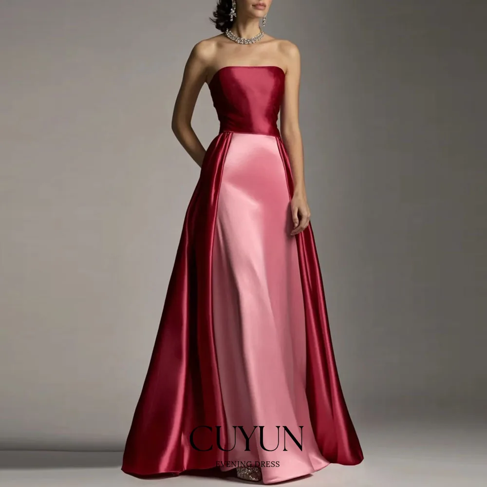 

CUYUN Contrast Color Satin Evening Dresses Women Strapless Rose Red and Pink Formal Event Dress Customized A Line Party Gown