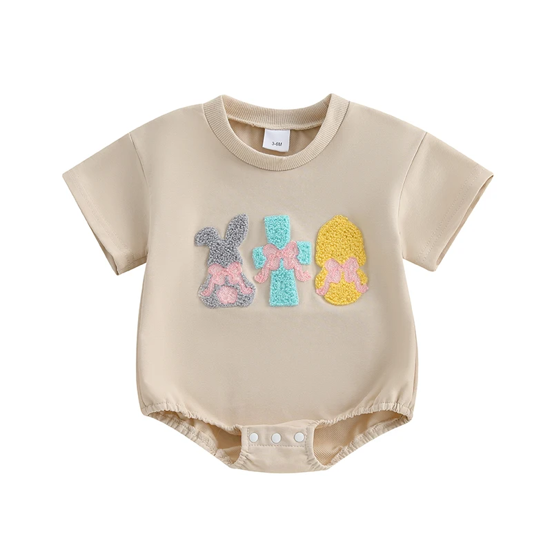 유아 아기 부활절 Romper 캐주얼 토끼 계란 자수 짧은 소매 신생아 Jumpsuit 유아 소년 소녀 귀여운 옷