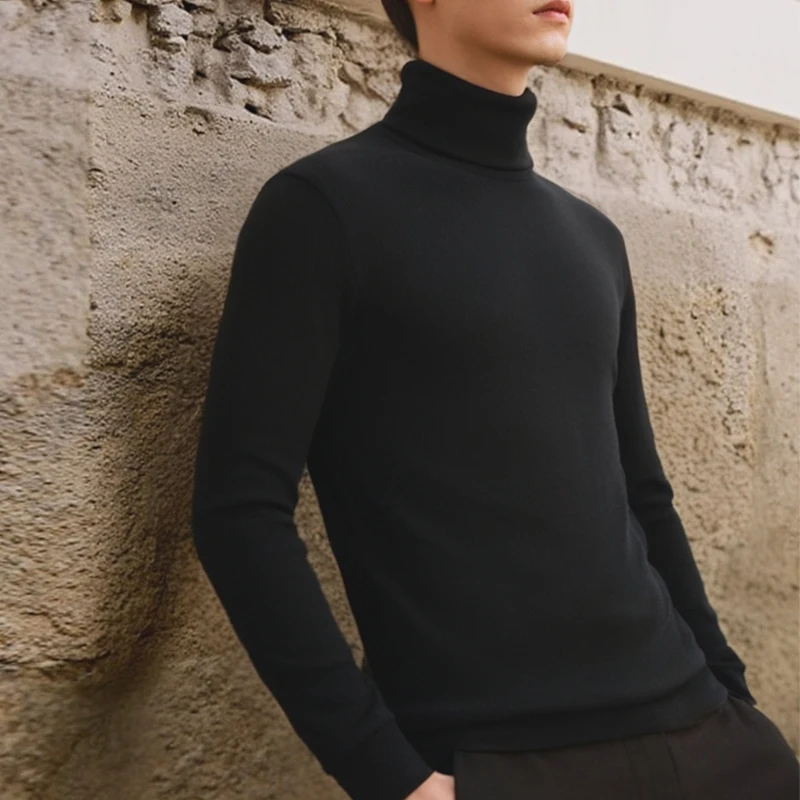 

High Collar Men's Knitted Sweater Winter New Sle Bla Long Sve Fce Lined Slim Fit Base irt Warm Inner Wear Top