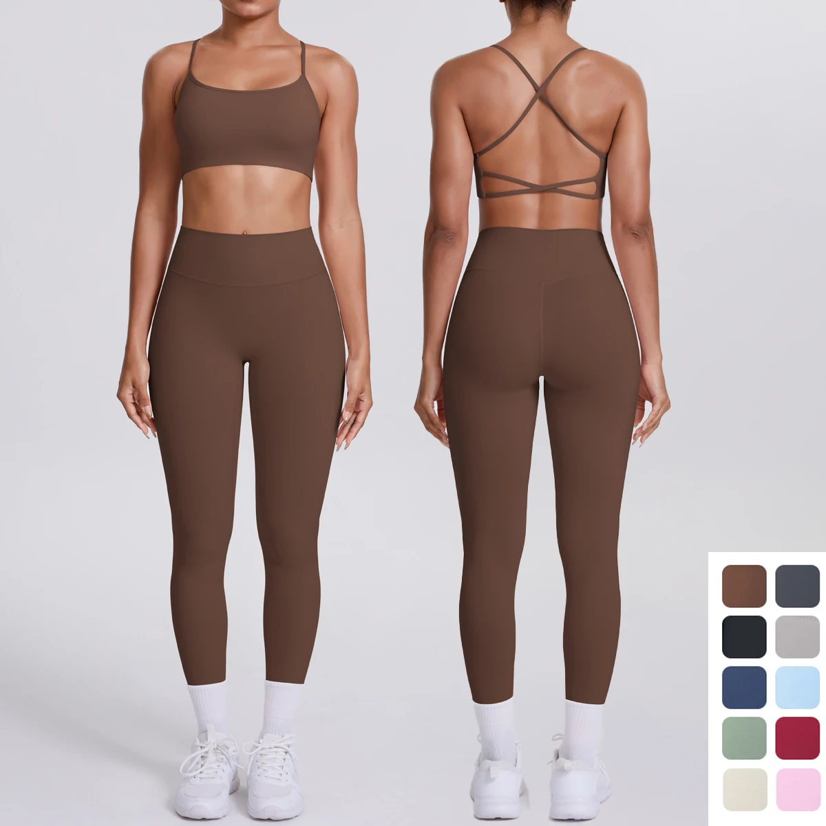 

Летний дышащий однотонный спортивный комплект для йоги для женщин, сексуальный бюстгальтер для йоги с открытой спиной и перекрестными бретелями, штаны для йоги с высокой талией, комплект с бюстгальтером