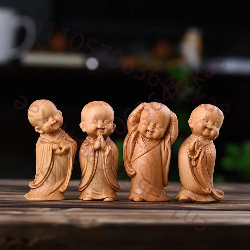 Solid Wood Carving Young Buddhist Monk Sculptures And Figurines Cute Home Room Car Office Table Decoration And Accessories