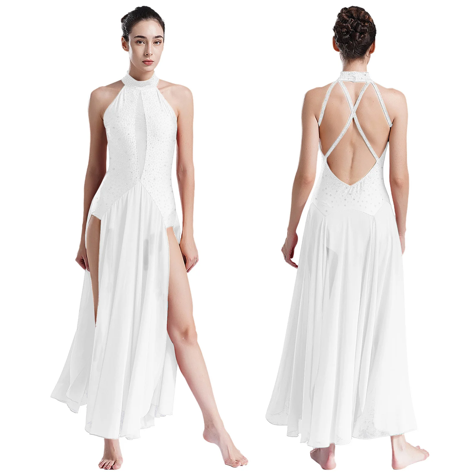 Womens Lyrical Dance Dress Modern Contemporary Dancewear Halter Rhinestones Split Dress for Performance Competition Costumes
