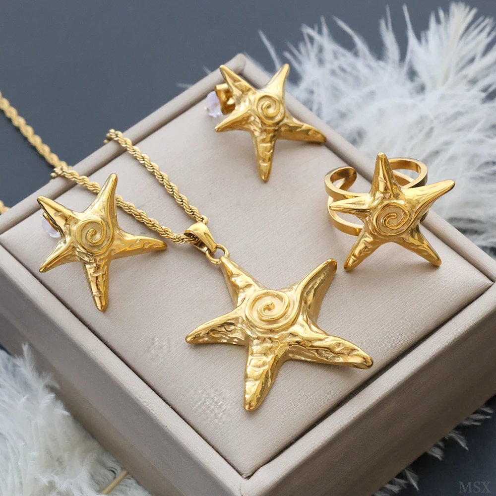 Vintage Spiral Pattern Starfish Jewelry Sets Hemp Rope Pendant Long Necklace Adjustable Opening Star Ring 316L Titanium Earrings