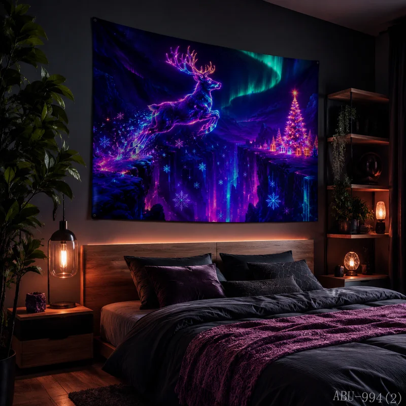 VIKAMA Aurora Snow Mountain Neon Ring Elk Christmas Tapestry HD Background Cloth Holiday Atmosphere Room Decoration