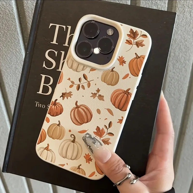 Autumn Pumpkin Leaf Pattern Lychee Design phone case, suitable for Samsung S26/S25/S24/S23/S22/S21/S20 and other models.