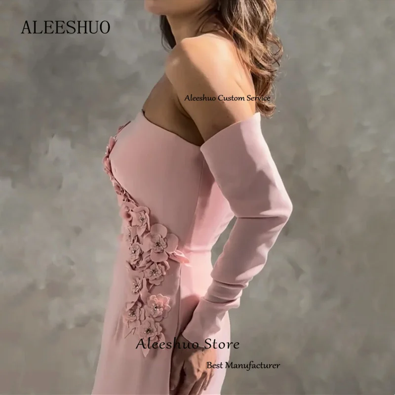 Aleeshuo-vestido de noite elegante com fenda longa, cetim, cetim, sem alças, mangas compridas, sem encosto, comprimento do tornozelo, baile de formatura