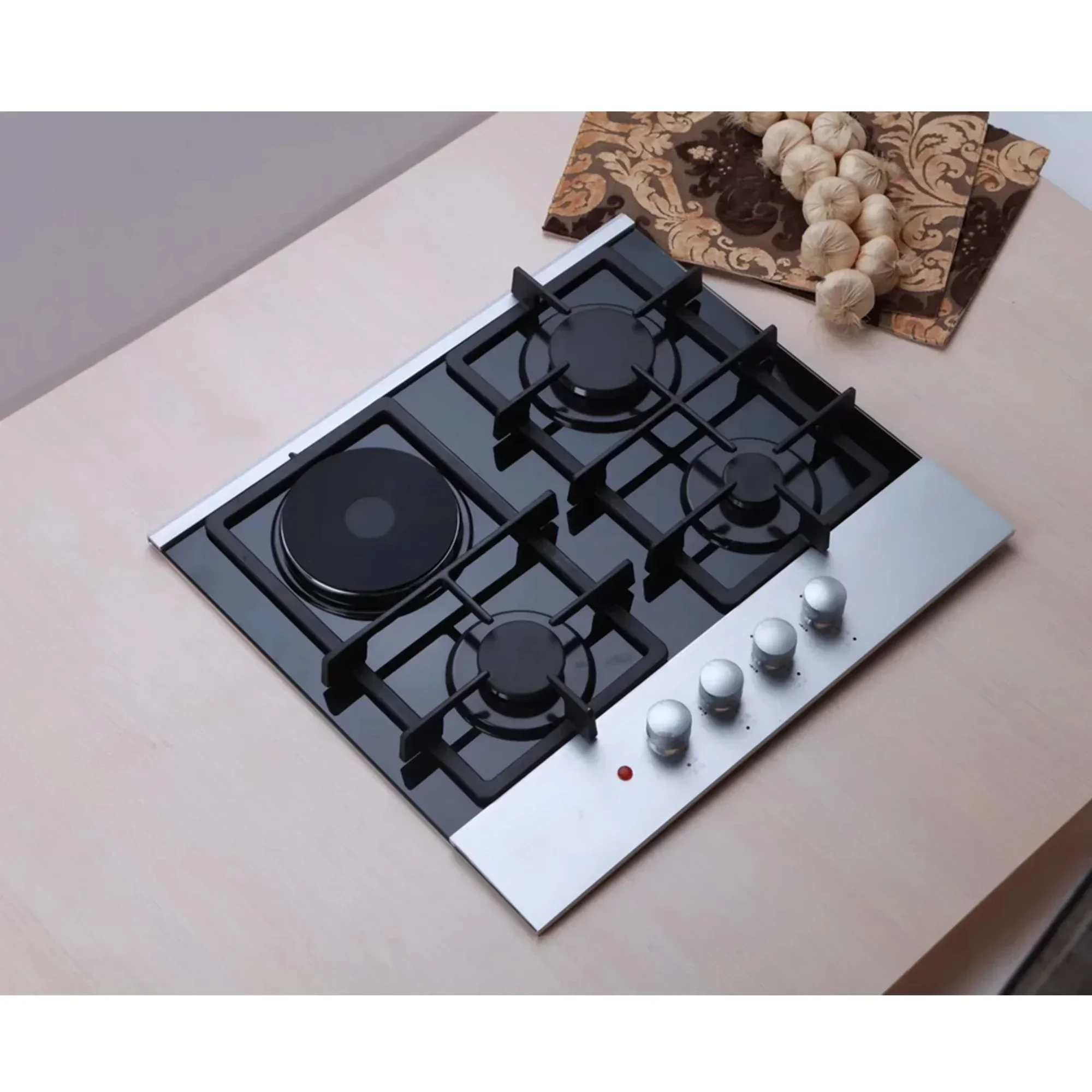 

Gas Burner Cooktop Cooker 4 Burners Oven Grill Gas Cooker with 3 Gas Burners 1 electric Plate Built-in Glass Hobs