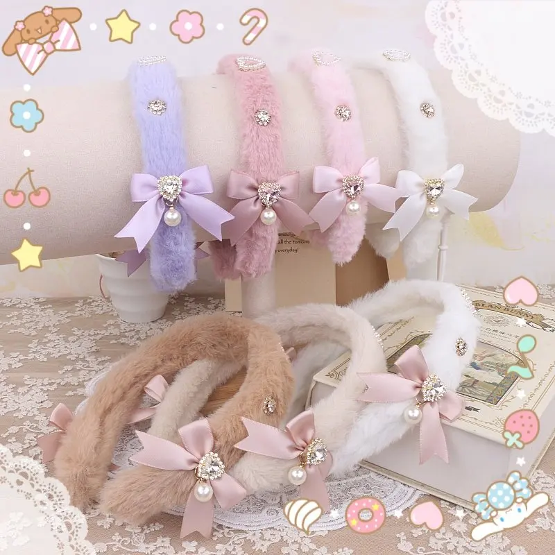 

Мягкая повязка на голову в стиле Sweet Lolita с цветным бантом, стразами, жемчугом и пушистым сердечком Jiraikei для косплея и вечеринок