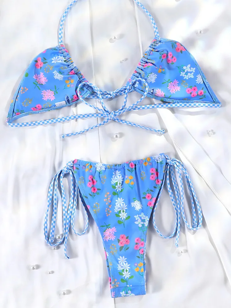 Rinabe Trójkątne Stroje Kąpielowe Niebieskie Bikini w Kwiatowy Wzór Wiązane na Szyi Strój Plażowy z Wysokim Wycięciem Stringi Mikro Bikini Strój Kąpielowy na Wakacje